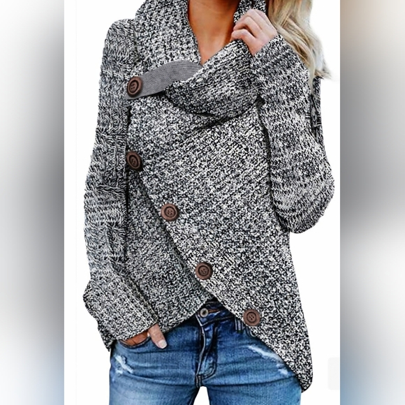 Sweaters - Cozy Black/White Cowlneck Cardigan Sweater w/ Brown Wood Button Details Size L